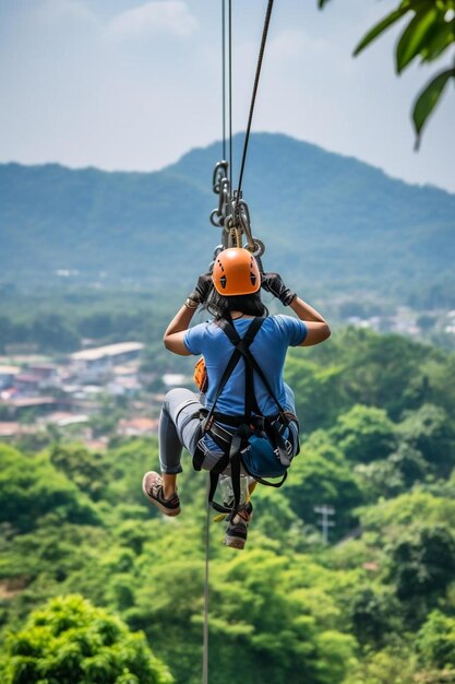 um homem montando uma tirolina sobre uma floresta verde exuberante