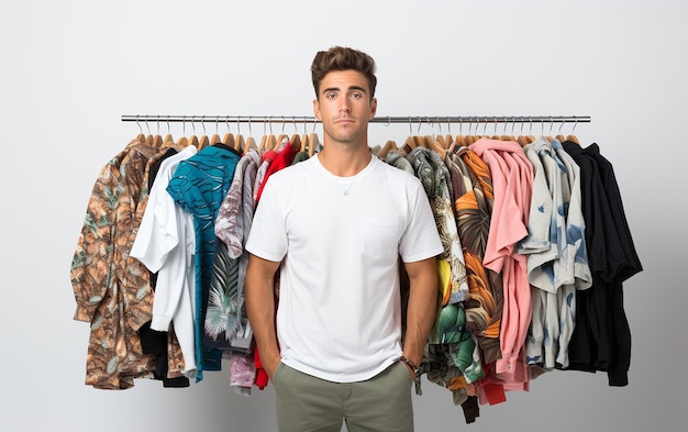 um homem mostrando a publicidade de roupas novas em fundo branco