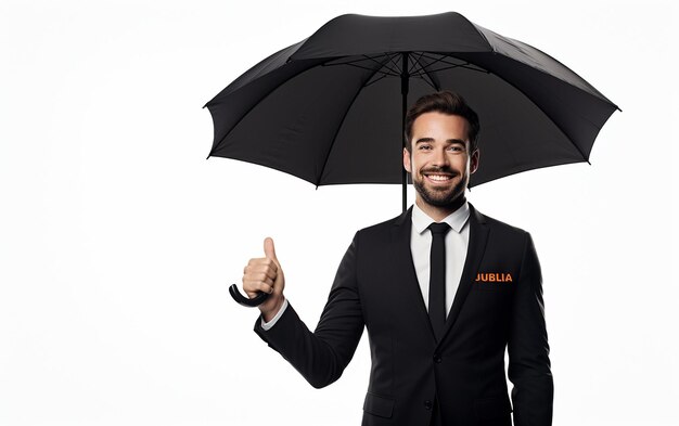 um homem mostrando o guarda-chuva publicitário no fundo branco