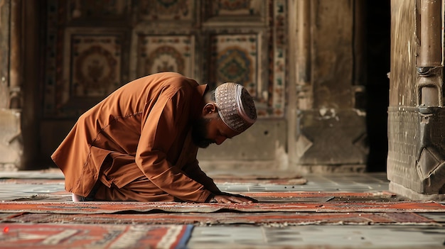 Um homem muçulmano ajoelha-se em oração em uma mesquita Ele está vestindo uma túnica marrom e um boné branco A mesquita é decorada com azulejos intrincados