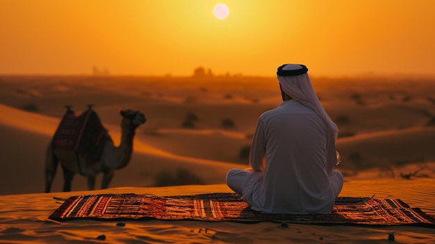 Um homem muçulmano está orando em um tapete de oração no deserto ao pôr do sol camelo ao lado dele atirado por trás AI generativa