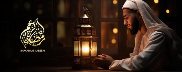 Um homem muçulmano orando diante de uma lâmpada acesa