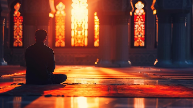 Foto um homem muçulmano orando na mesquita