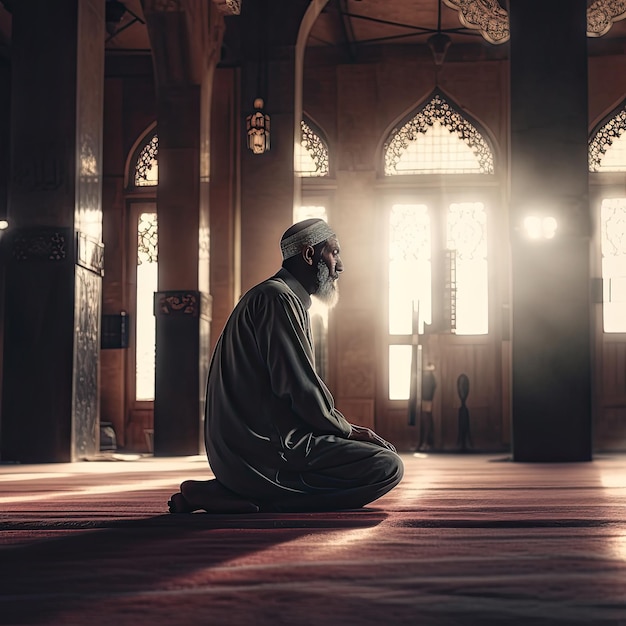 Um homem muçulmano religioso orando dentro da mesquita