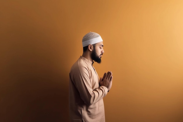 Foto um homem muçulmano rezando na frente de um fundo amarelo