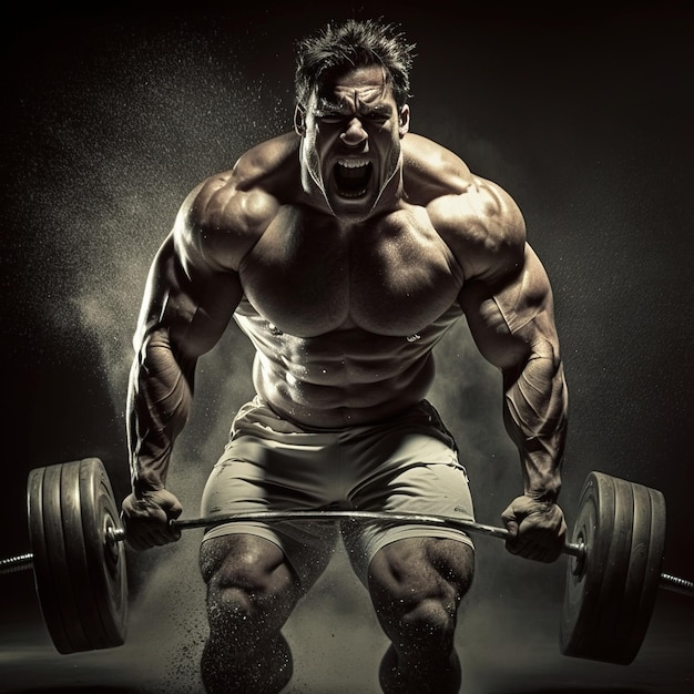 Foto um homem muito musculoso tenta levantar pesos em uma academia com grande esforço ai gerado