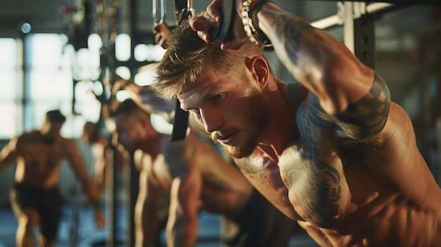 Foto um homem musculoso com tatuagens está trabalhando em um ginásio ele está usando uma alça trx para fazer um exercício de flecha no peito ele está suando e parece exausto