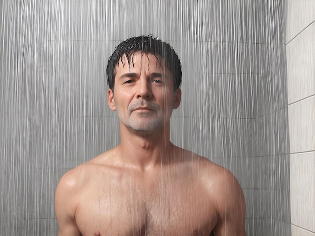 Um homem musculoso no chuveiro olhando para a câmera