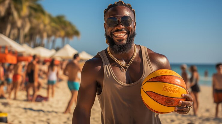 Um homem na praia usando óculos de sol e um top amarelo com óculos de Sol