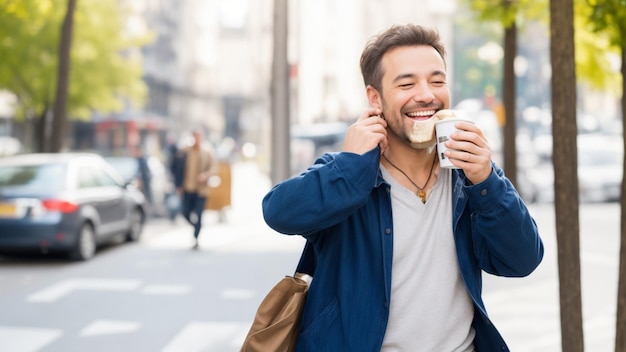 Um homem na rua sorrindo na frente da câmera