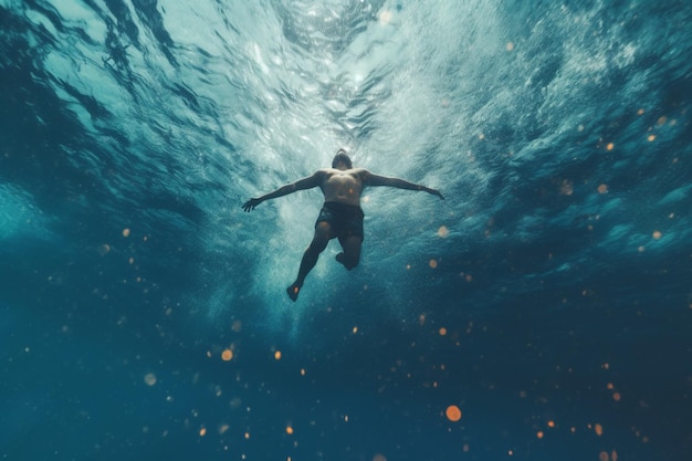 Um homem nadando na água com as palavras 'oceano' no fundo