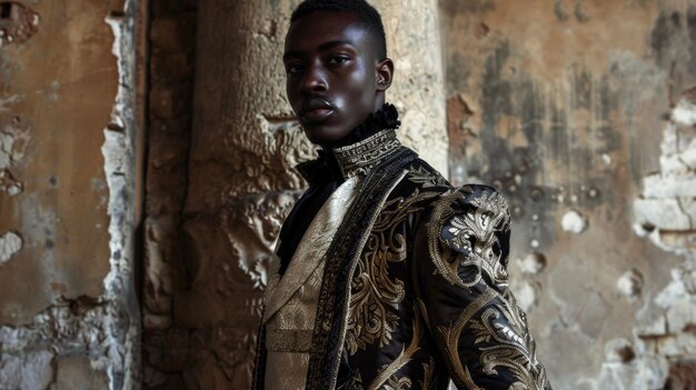 Um homem negro adornado com uma roupa de inspiração barroca luxuosamente elaborada está em frente a um desmoronamento