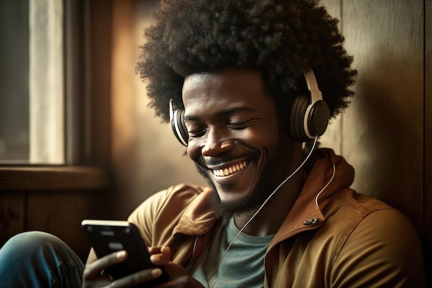 Um homem negro com cabelo afro usando fones de ouvido e rindo enquanto usa o smartphone