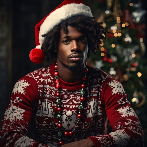 Foto um homem negro com um suéter vermelho e branco e um chapéu de papai noel com uma árvore de natal ao fundo, comemorando o mês da história negra