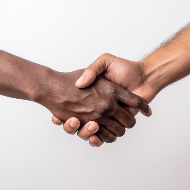 Um homem negro e uma pessoa branca apertando as mãos com um fundo branco