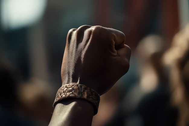 Um homem negro levanta o punho para o céu durante um protesto contra a discriminação racial