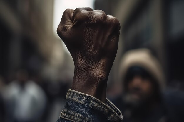 Um homem negro levanta o punho para o céu durante um protesto contra a discriminação racial