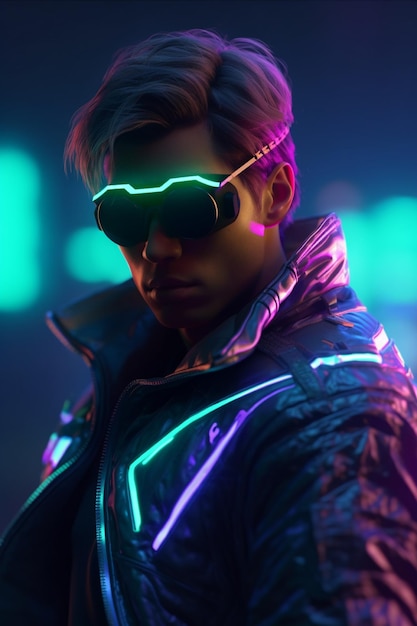 Um homem neon uma jaqueta neon cyberpunk man