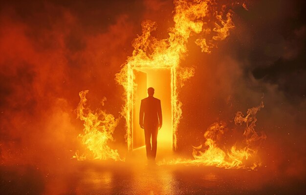 Foto um homem no abstrato vai fechar a porta para evitar que um fogo queime