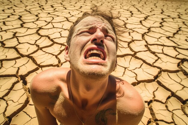 Foto um homem no conceito de clima quente no deserto