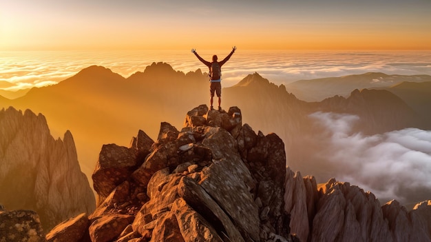 Um homem no topo de uma montanha com os braços levantados no topo da montanha