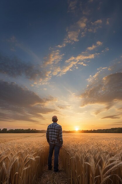 Um homem num campo de trigo olha para o pôr-do-sol