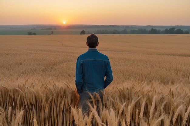 Um homem num campo de trigo olha para o pôr-do-sol