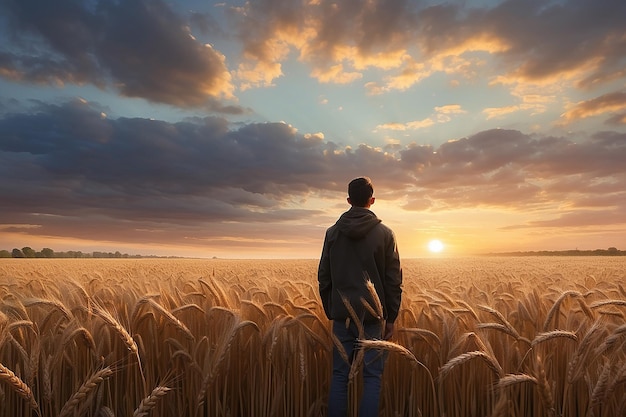 Um homem num campo de trigo olha para o pôr-do-sol