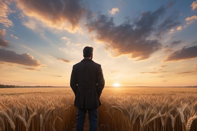 Um homem num campo de trigo olha para o pôr-do-sol