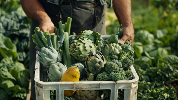 Um homem num campo segurando uma cesta cheia de legumes frescos que acabou de colher