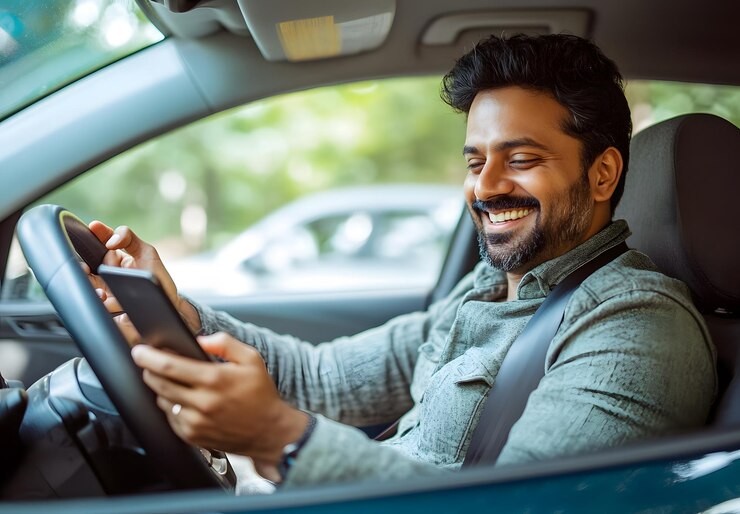 Foto um homem num carro com um tablet e uma chave de carro.