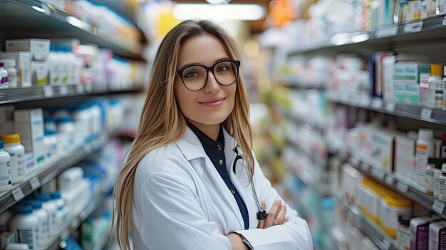 Foto um homem numa farmácia a falar com uma mulher um farmacêutico experiente a dar orientações sobre medicamentos