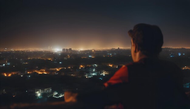 Um homem olha para a cidade noturna do topo da montanha