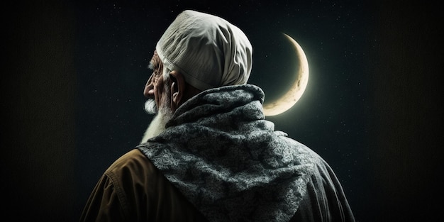 Um homem olha para a lua em uma noite escura