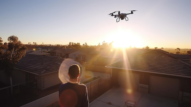 Um homem olha para um drone voando sobre um telhado.