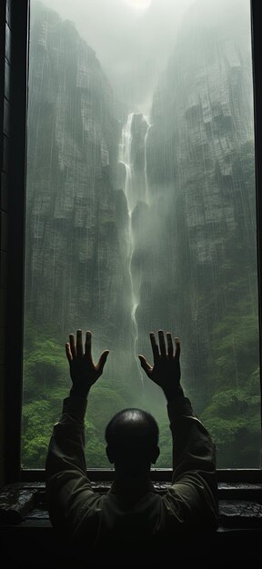 Foto um homem olha para uma cachoeira e está de pé na frente de uma cachoeeira