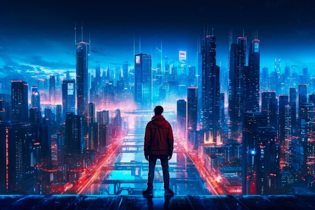 Um homem olhando para a cidade Cyberpunk em Neon Colors closeup extremo IA generativa