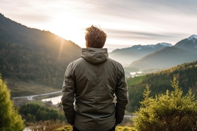 um homem olhando para o sol nas montanhas vista de trás