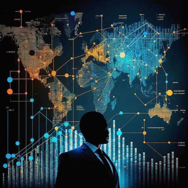 Um homem olhando para um mapa do mundo com as palavras negócios globais nele