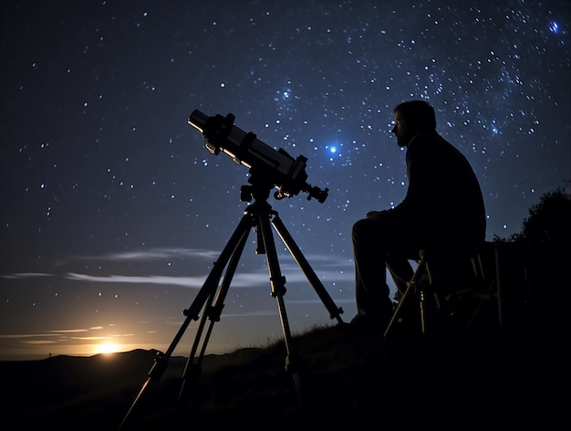 um homem olhando para um telescópio com as estrelas ao fundo