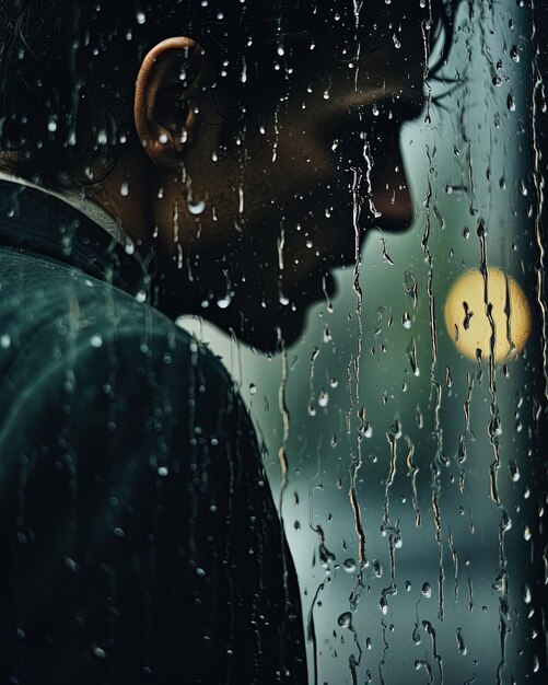 Um homem olhando por uma janela com gotas de chuva no rosto