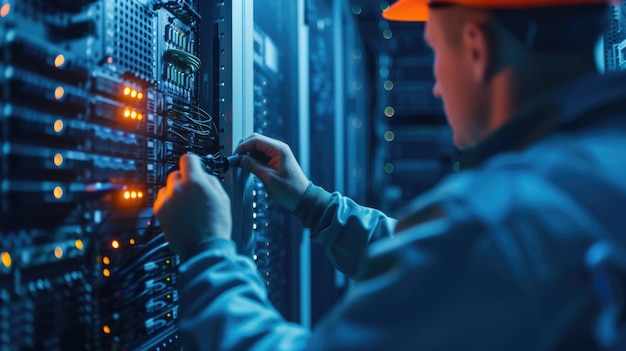 Um homem opera um servidor azul elétrico em um centro de dados de vidro AIG41