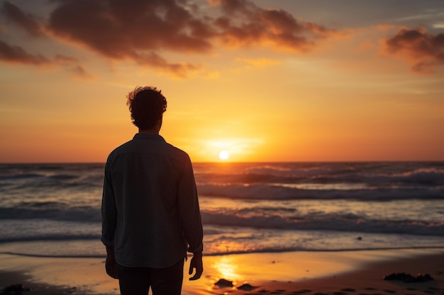 um homem parado e olhando para o céu à beira-mar na hora do pôr do sol