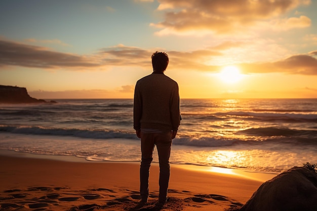 um homem parado e olhando para o céu à beira-mar na hora do pôr do sol