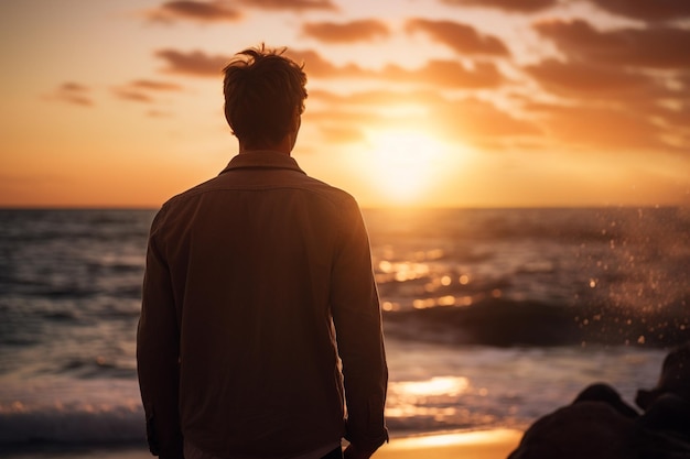 um homem parado e olhando para o céu à beira-mar na hora do pôr do sol