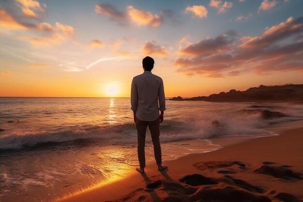 um homem parado e olhando para o céu à beira-mar na hora do pôr do sol