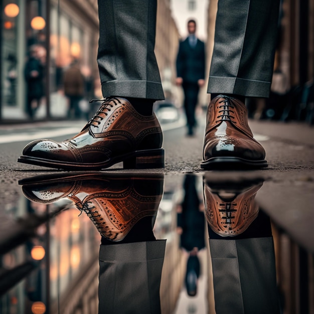Foto um homem parado em frente a um prédio com o reflexo de um homem de terno.