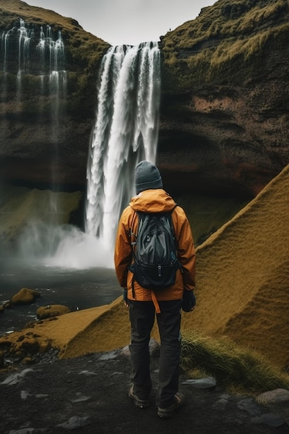 Um homem parado em frente a uma cachoeira