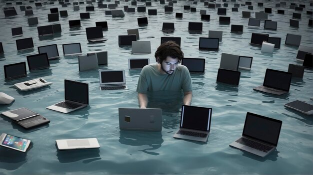 um homem parado em uma piscina de laptops na água com muitos laptops