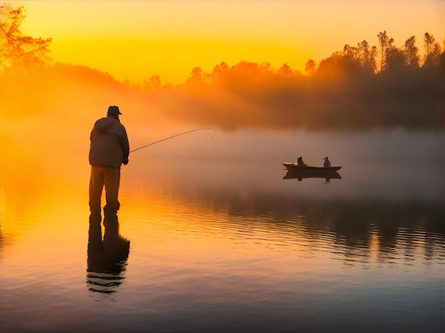 Um homem parado na água pescando em uma lagoa ao pôr do sol